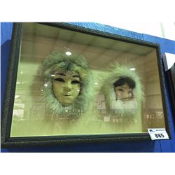 PAIR OF FIRST NATIONS INUIT LEATHER FUR LINED MASKS, FRAMED IN SHADOW BOX
