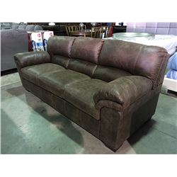 BROWN MICRO FIBER UPHOLSTERED 3 SEATER SOFA (MINOR TEAR AT BACK BOTTOM CORNER)