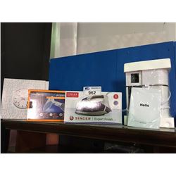 GROUP OF 4 HOUSEHOLD ITEMS, WALL CLOCK, IRON, STEAMER & HUMIDIFIER