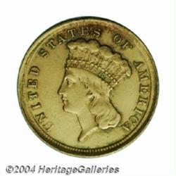 1854-D $3 AU50 Ex-Jewelry, Cleaned Uncertified.