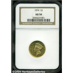 1874 $3 AU58 NGC.