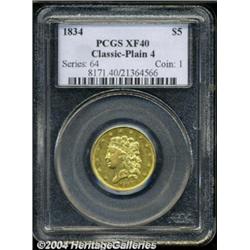 1834 $5 Plain 4 XF40 PCGS.
