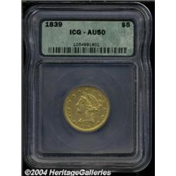 1839 $5 AU50 ICG.