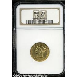 1855 $5 AU58 NGC.