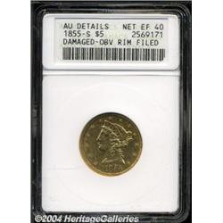 1855-S $5 --Damaged, Obverse Rim Filed--ANACS. AU Details, Net XF40.