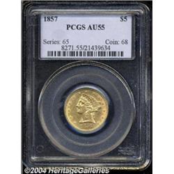 1857 $5 AU55 PCGS.