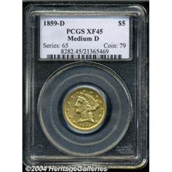 1859-D $5 Medium D XF45 PCGS.
