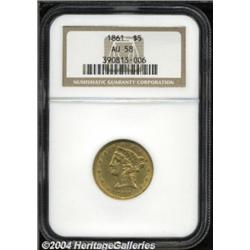 1861 $5 AU58 NGC.