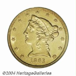 1863-S $5 AU53 PCGS.