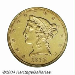 1866-S $5 No Motto AU50 PCGS.