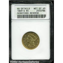 1869-S $5 --Scratched Reverse--ANACS. AU Details, Net XF40.