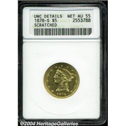 1878-S $5 --Scratched--ANACS. Unc Details, Net AU55.