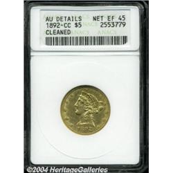 1892-CC $5 --Cleaned--ANACS. AU Details, Net XF45.