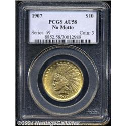 1907 $10 No Motto AU58 PCGS.