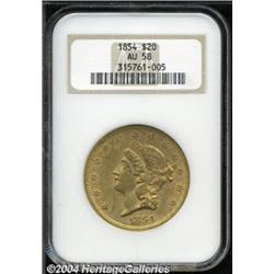1854 $20 Small Date AU58 NGC.
