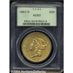 1857-S $20 AU50 PCGS.
