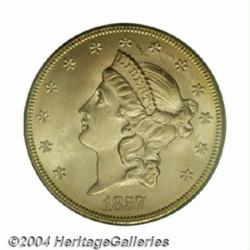 1857-S $20 Bold 7, Faint S MS62 PCGS.