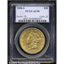 1858-S $20 AU50 PCGS.
