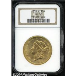 1858-S $20 AU58 NGC.