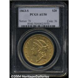 1863-S $20 AU50 PCGS.