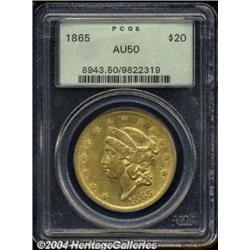 1865 $20 AU50 PCGS.