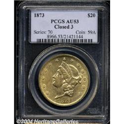 1873 $20 Closed 3 AU53 PCGS.