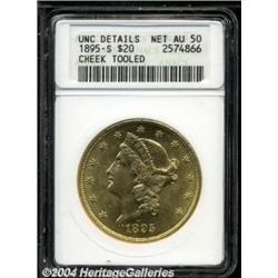 1895-S $20 --Cheek Tooled--ANACS. Unc Details, Net AU50.