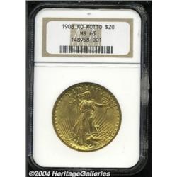 1908 $20 No Motto MS63 NGC.