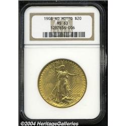 1908 $20 No Motto MS63 NGC.
