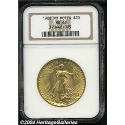 1908 $20 No Motto MS63 NGC.