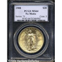 1908 $20 No Motto MS64 PCGS.