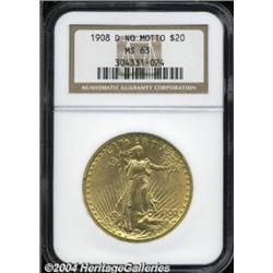 1908-D $20 No Motto MS63 NGC.