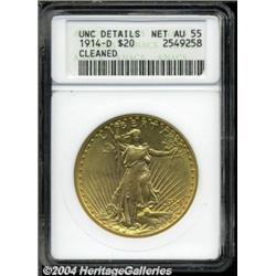 1914-D $20 --Cleaned--ANACS. Unc Details, Net AU55.