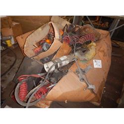 MISC TRUCK PARTS, LIGHTS, AIR HOSES, STORAGE RACK