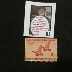 1943 RW10 Federal Migratory Bird Hunting and Conservation $1.00 Stamp. Unsigned, with gum, but hinge