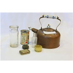 COPPER KETTLER + COLLECTIBLE TINS, GLASSWARE