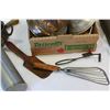 Image 4 : TRAY OF ANTIQUE KITCHEN ITEMS ROLLING PIN AND HOT WATER BOTTLE ETC