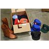 Image 1 : BOX OF ASSORTED AS NEW BALL CAPS AND LEATHER COWBOY BOOTS