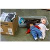 Image 1 : TOTE OF SHOES AND DOLLS AND BOX OF LINENS