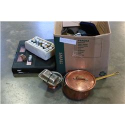 LOT OF COPPER AND SILVER TRAYS AND PIECES AND PAINTS AND JEWELLRY CASES