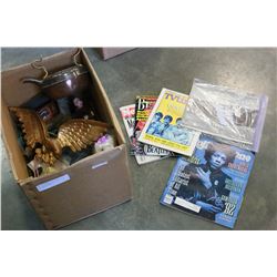BOX OF COLLECTIBLES MAGAZINES AND METAL EAGLE