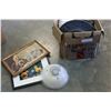 Image 1 : VINTAGE GLASS SHADES AND BOX OF PRINTS AND BRASS PLAQUES