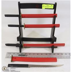 4 MINIATURE SAMURAI SWORDS ON STAND (VERY SHARP)