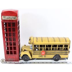 DECORATIVE METAL SCHOOL BUS & ENGLISH TELEPHONE