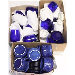 3 BOXES OF ASSORTED BLUE POTTERY AND GLASS DISHES