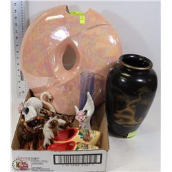 TWO DECORATIVE VASES WITH FLAT OF DECORATIVE ITEMS