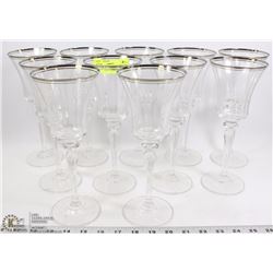 SET OF 11 SILVER RIM 9" TALL CRYSTAL WINE GLASSES