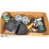 Image 1 : LARGE BOX OF CAMPING SUPPLIES & TOOLS -