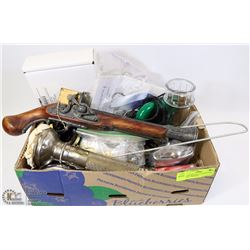 FLAT W/ REPLICA 1550 FLINT LOCK PISTOL, 1930 HONG