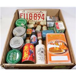 LOT OF VINTAGE CANS, BOTTLES + LICENSE PLATE